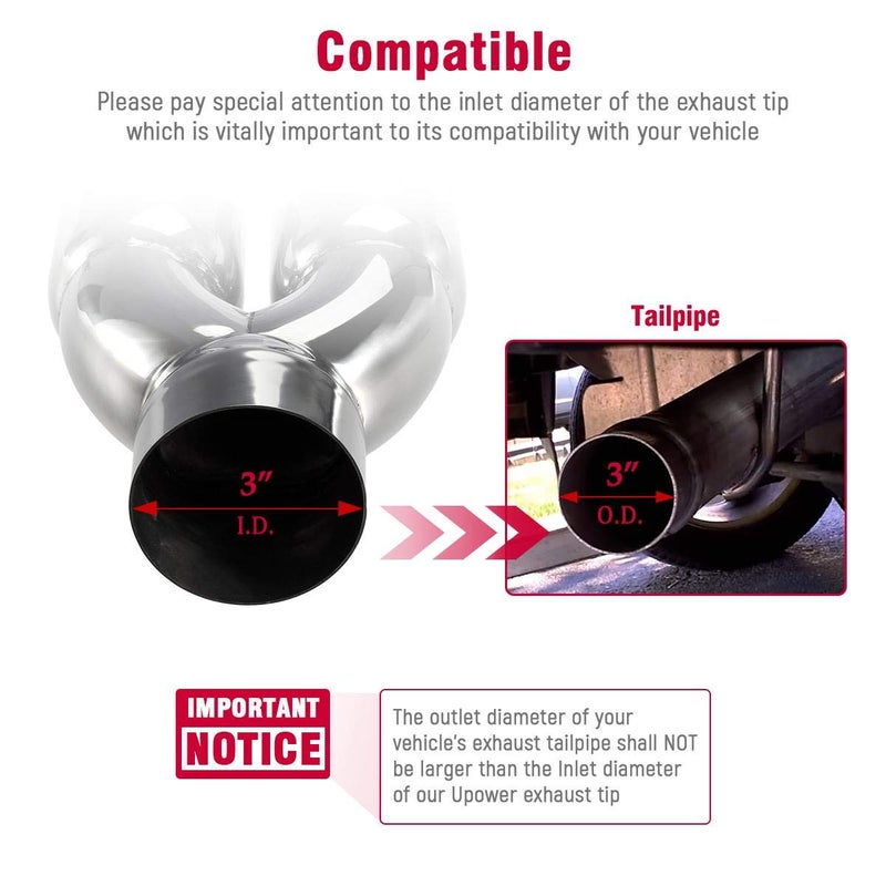 Upower Dual Exhaust Tip 3 Inch Inlet 3" outlet 9.5" Long Tail Pipe Double Wall Polished 304 Stainless Steel - Image 2